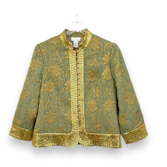 Soft Surroundings green gold floral brocade embellished evening blazer jacket S - Picture 1 of 16